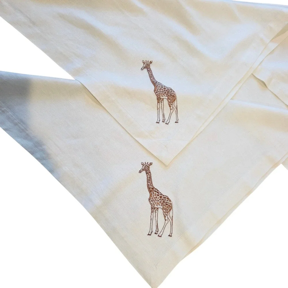 Vintage Embroidered Linen Safari Napkins Elephant Giraffe Set of 4 Cream Brown